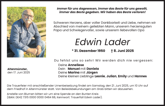 Traueranzeige von Edwin Lader von Augsburg-Land, Wertinger Zeitung