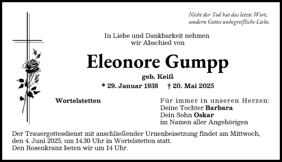 Traueranzeige von Eleonore Gumpp von Wertinger Zeitung