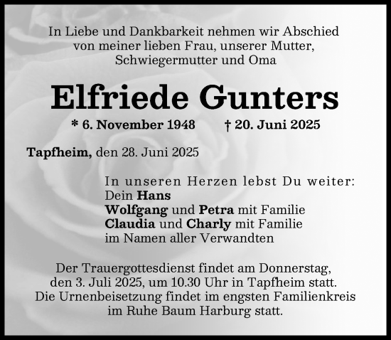 Traueranzeige von Elfriede Gunters von Donau Zeitung