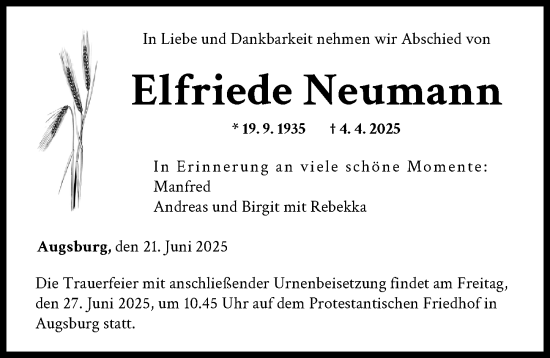 Traueranzeige von Elfriede Neumann von Augsburger Allgemeine