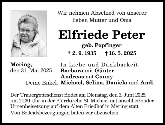 Traueranzeige von Elfriede Peter von Friedberger Allgemeine