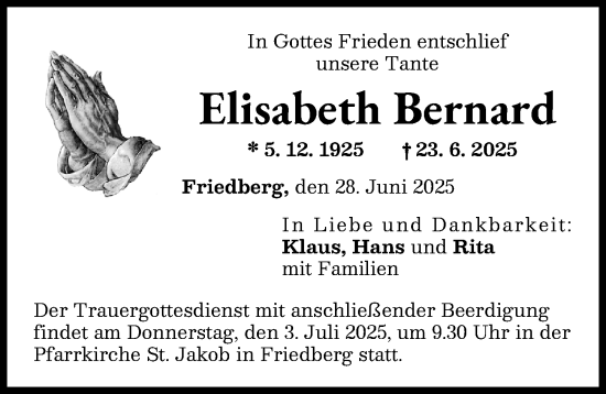 Traueranzeige von Elisabeth Bernard von Friedberger Allgemeine