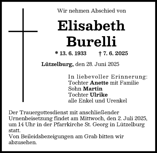 Traueranzeige von Elisabeth Burelli von Augsburg-Land