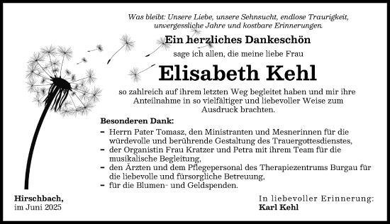 Traueranzeige von Elisabeth Kehl von Wertinger Zeitung