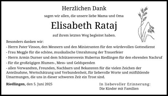 Traueranzeige von Elisabeth Rataj von Donauwörther Zeitung