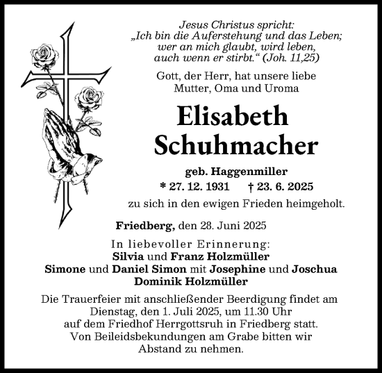 Traueranzeige von Elisabeth Schuhmacher von Friedberger Allgemeine