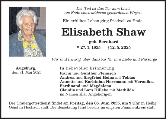 Traueranzeige von Elisabeth Shaw von Augsburger Allgemeine