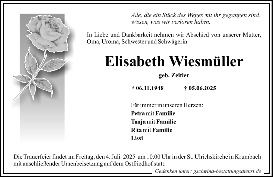 Traueranzeige von Elisabeth Wiesmüller von Mittelschwäbische Nachrichten
