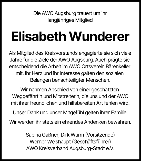Traueranzeige von Elisabeth Wunderer von Augsburger Allgemeine
