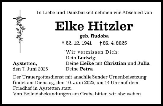 Traueranzeige von Elke Hitzler von Augsburg-Land