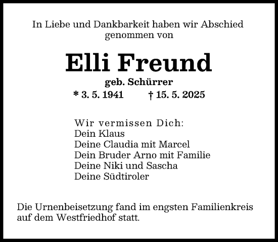 Traueranzeige von Elli Freund von Augsburger Allgemeine