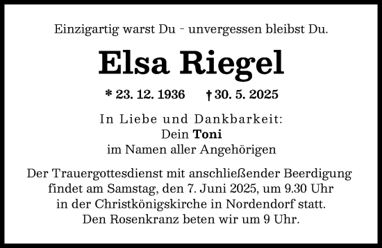 Traueranzeige von Elsa Riegel von Augsburg-Land
