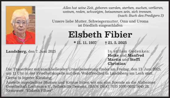 Traueranzeige von Elsbeth Fibier von Landsberger Tagblatt