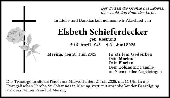 Traueranzeige von Elsbeth Schieferdecker von Friedberger Allgemeine