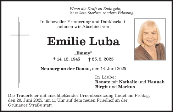Traueranzeige von Emilie Luba von Neuburger Rundschau
