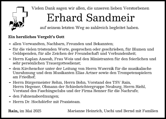 Traueranzeige von Erhard Sandmeir von Neuburger Rundschau