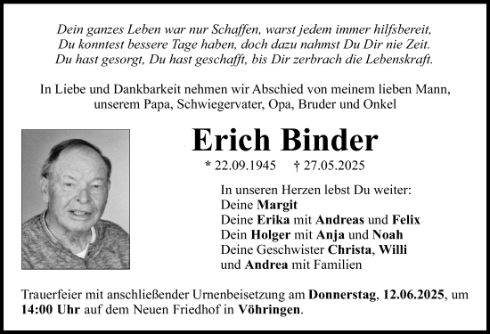 Traueranzeige von Erich Binder von Illertisser Zeitung
