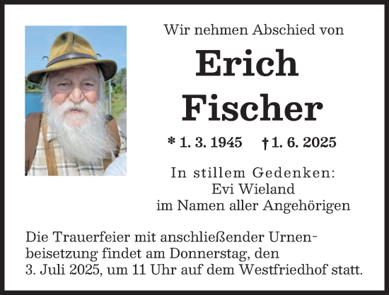 Traueranzeige von Erich Fischer von Augsburger Allgemeine