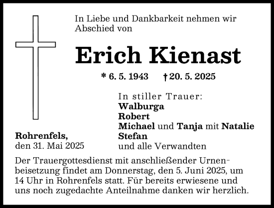Traueranzeige von Erich Kienast von Neuburger Rundschau