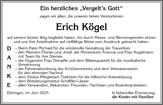 Traueranzeige von Erich Kögel von Mindelheimer Zeitung
