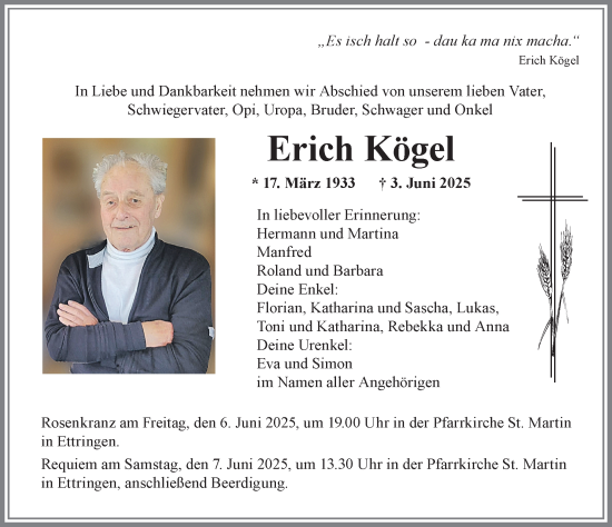 Traueranzeige von Erich Kögel von Mindelheimer Zeitung