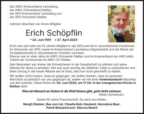 Traueranzeige von Erich Schöpflin von Ammersee Kurier