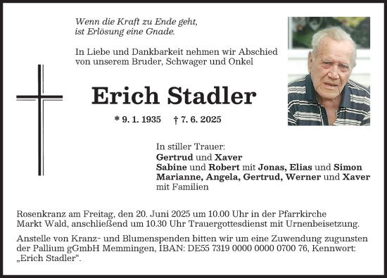 Traueranzeige von Erich Stadler von Mindelheimer Zeitung