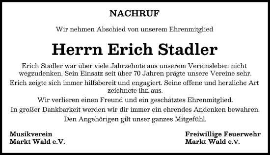 Traueranzeige von Erich Stadler von Mindelheimer Zeitung