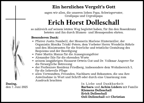 Traueranzeige von Erich Horst Dolleschall von Friedberger Allgemeine