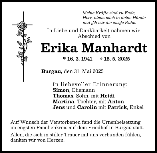 Traueranzeige von Erika Manhardt von Günzburger Zeitung