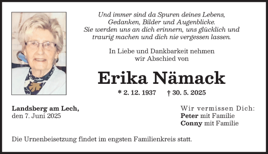 Traueranzeige von Erika Nämack von Landsberger Tagblatt
