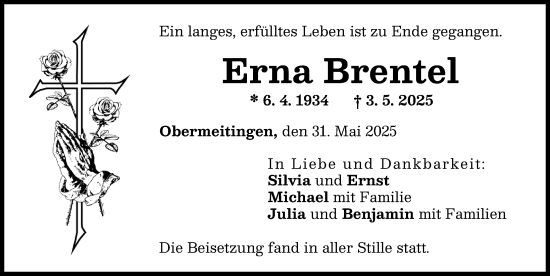 Traueranzeige von Erna Brentel von Schwabmünchner Allgemeine