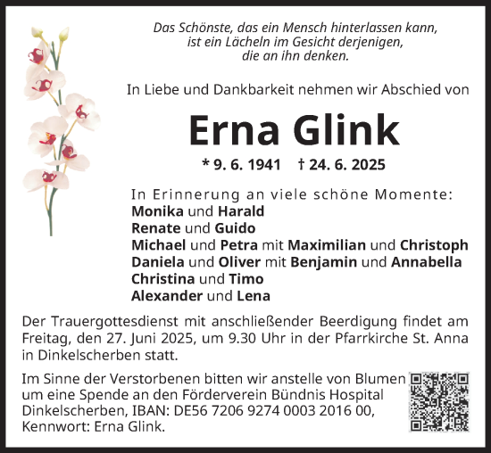 Traueranzeige von Erna Glink von Augsburg-Land