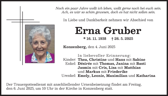 Traueranzeige von Erna Gruber von Günzburger Zeitung