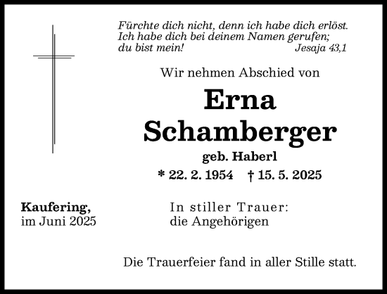 Traueranzeige von Erna Schamberger von Landsberger Tagblatt