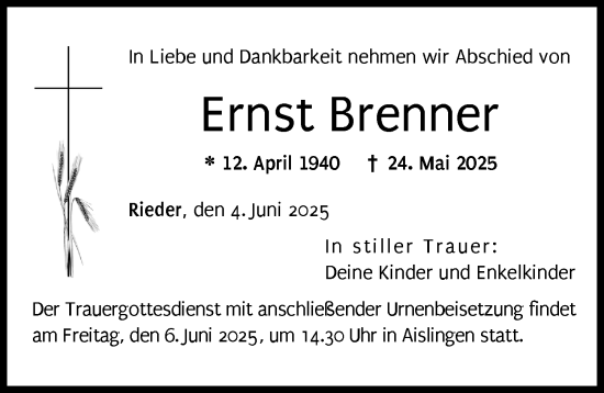 Traueranzeige von Ernst Brenner von Günzburger Zeitung