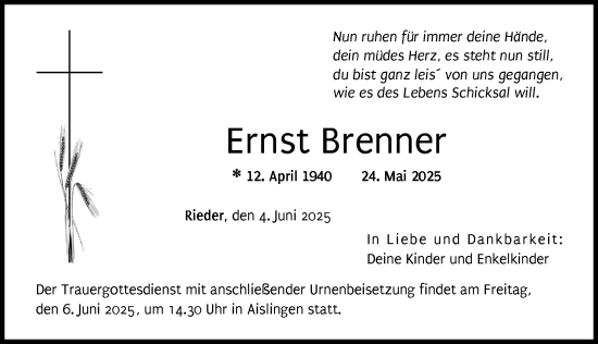 Traueranzeige von Ernst Brenner von Donau Zeitung