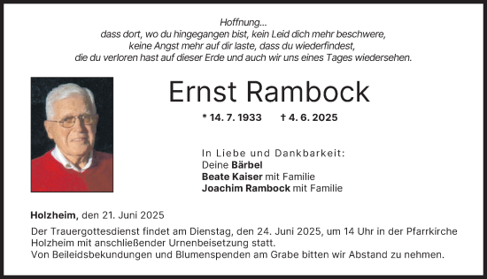 Traueranzeige von Ernst Rambock von Neu-Ulmer Zeitung