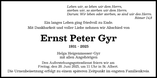 Traueranzeige von Ernst Peter Gyr von Augsburger Allgemeine