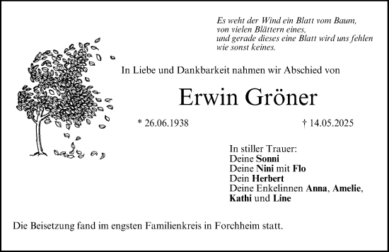 Traueranzeige von Erwin Gröner von Rieser Nachrichten