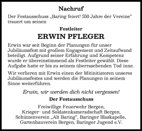 Traueranzeige von Erwin Pfleger von Neuburger Rundschau