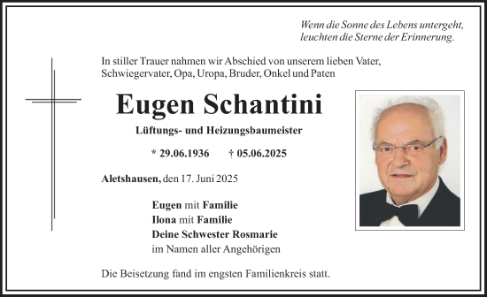 Traueranzeige von Eugen Schantini von Mittelschwäbische Nachrichten