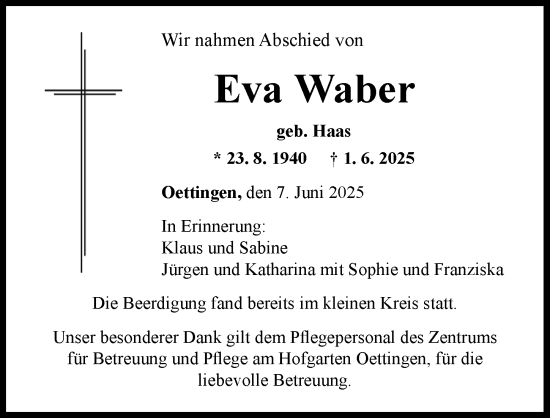 Traueranzeige von Eva Waber von Rieser Nachrichten
