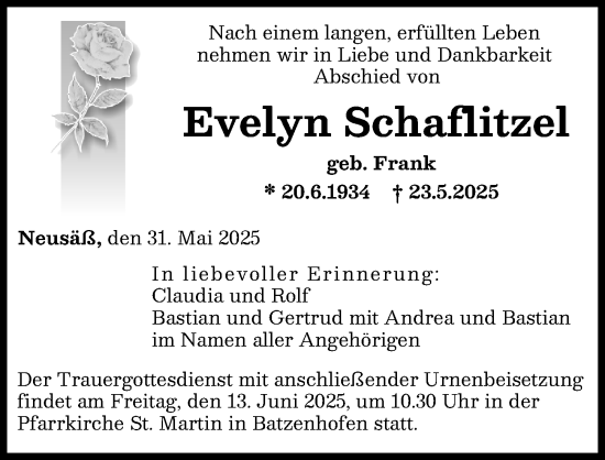 Traueranzeige von Evelyn Schaflitzel von Augsburger Allgemeine