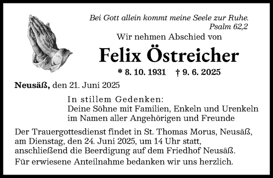 Traueranzeige von Felix Östreicher von Augsburger Allgemeine