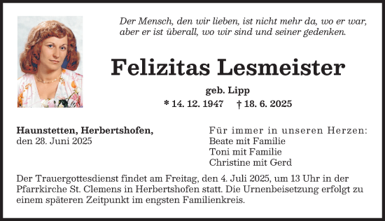 Traueranzeige von Felizitas Lesmeister von Augsburger Allgemeine