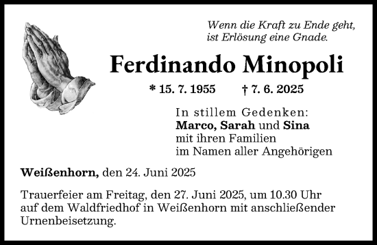 Traueranzeige von Ferdinando Minopoli von Neu-Ulmer Zeitung