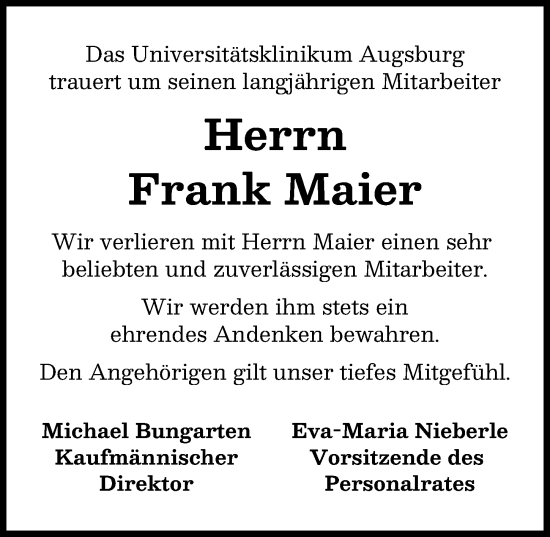 Traueranzeige von Frank Maier von Augsburger Allgemeine