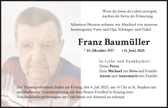 Traueranzeige von Franz Baumüller von Friedberger Allgemeine