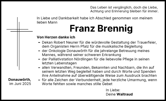 Traueranzeige von Franz Brennig von Donauwörther Zeitung